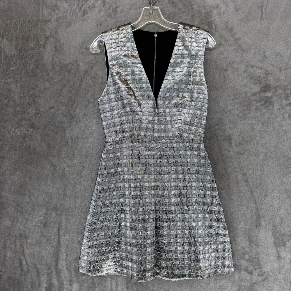 Alice + Olivia Silver Metallic Textured V-Neck Mini Dress C409654217β Womens 6